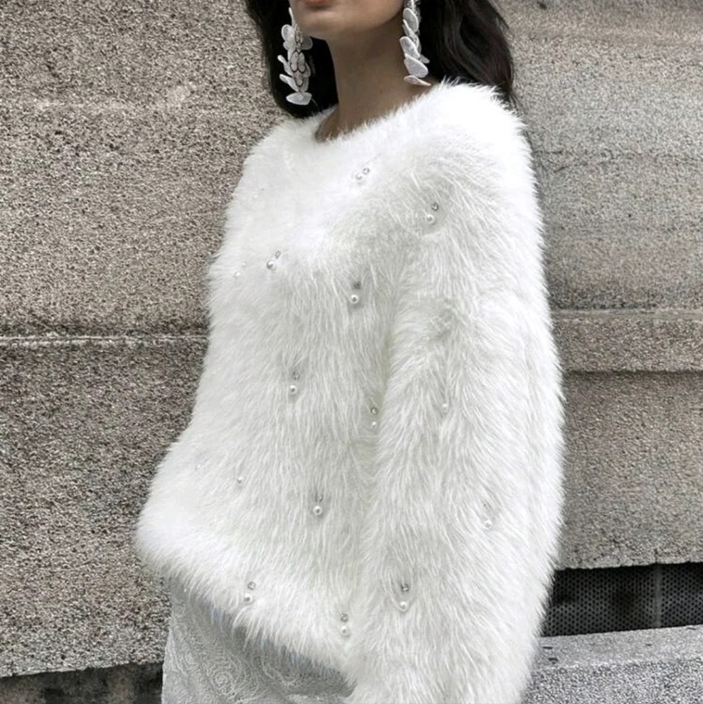 Women's Elegant Cream-White Faux Mink Fuzzy Sweater With Rhinestone Decor - Picture 5 of 6
